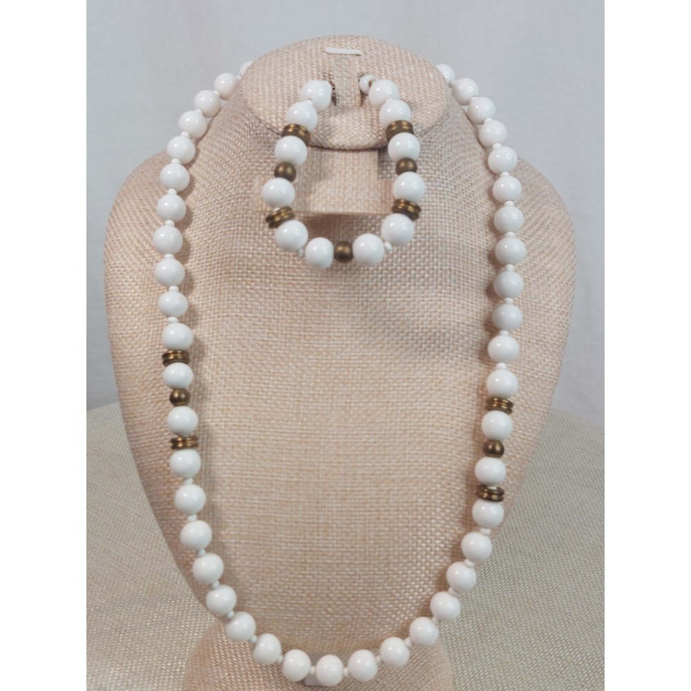 Vintage White Milk Glass Bead Necklace Bracelet Brass Spacers Chunky Minimalist